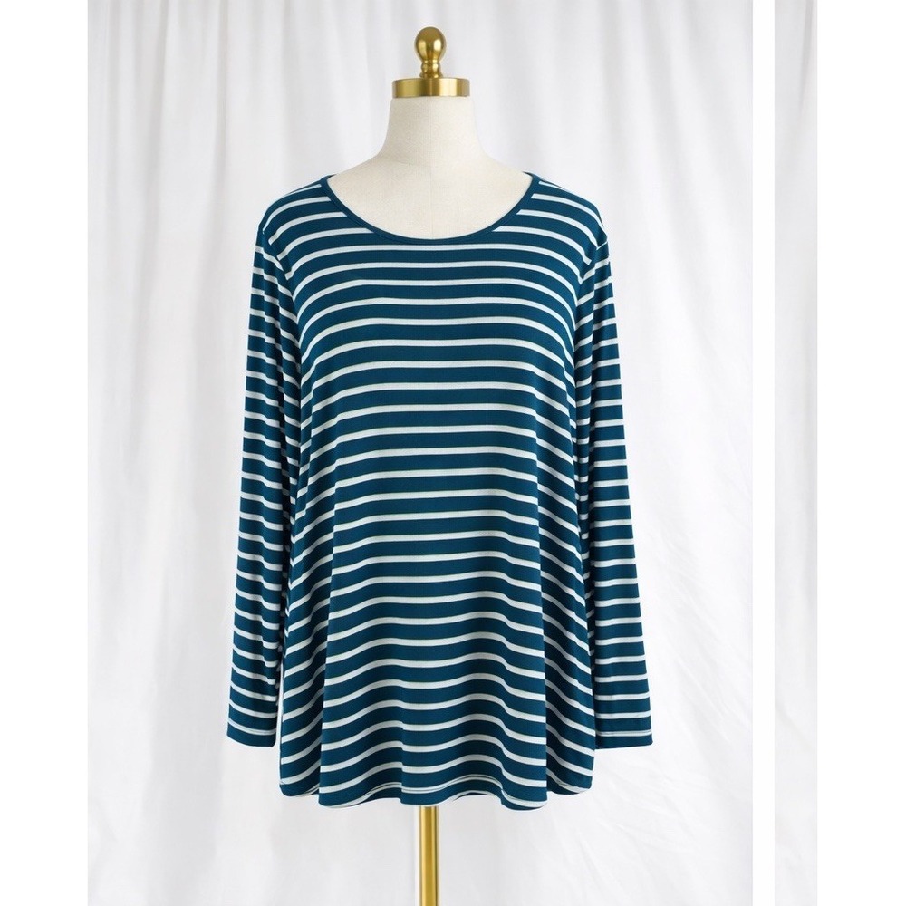 Old Navy Luxe Long Sleeve Tee Women Large Teal Stripe Loose Soft Spun Classic